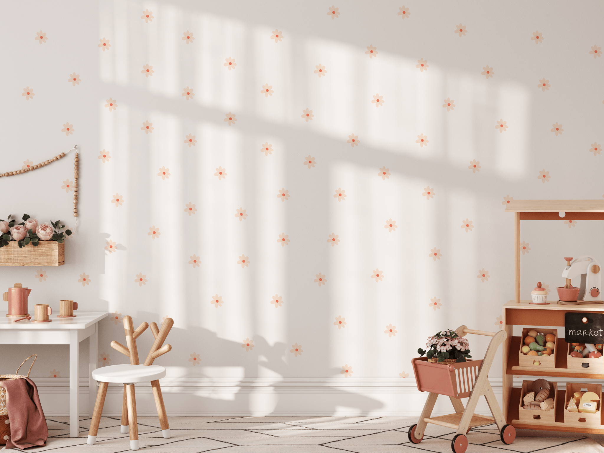 Child's play space with peel and stick small daisy wall stickers on the wall