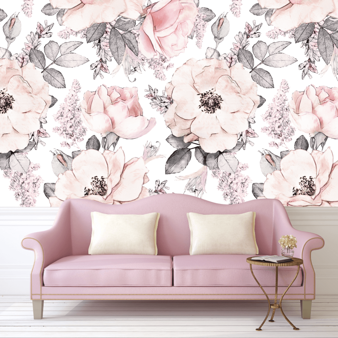 Snowey Rose Wallpaper, Vintage, Floral, Nursery, Wallpaper, Watercolor, Baby, Kids, Decal, Sweet, Room, Wall, Mural