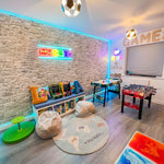 Stone peel and stick wallpaper in play room, stone wallpaper for arcade