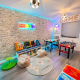 Stone peel and stick wallpaper in play room, stone wallpaper for arcade