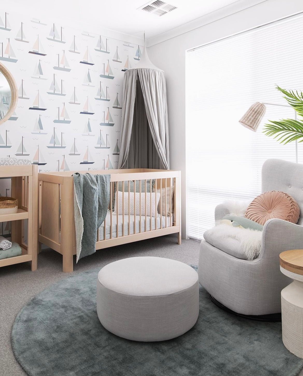 blue baby boy nursery with peel and stick wallpaper