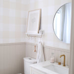 bathroom wallpaper with tan check above wainscotting