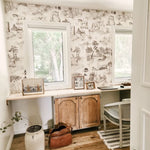 Toile de Jouy removable wallpaper in a peaceful home office