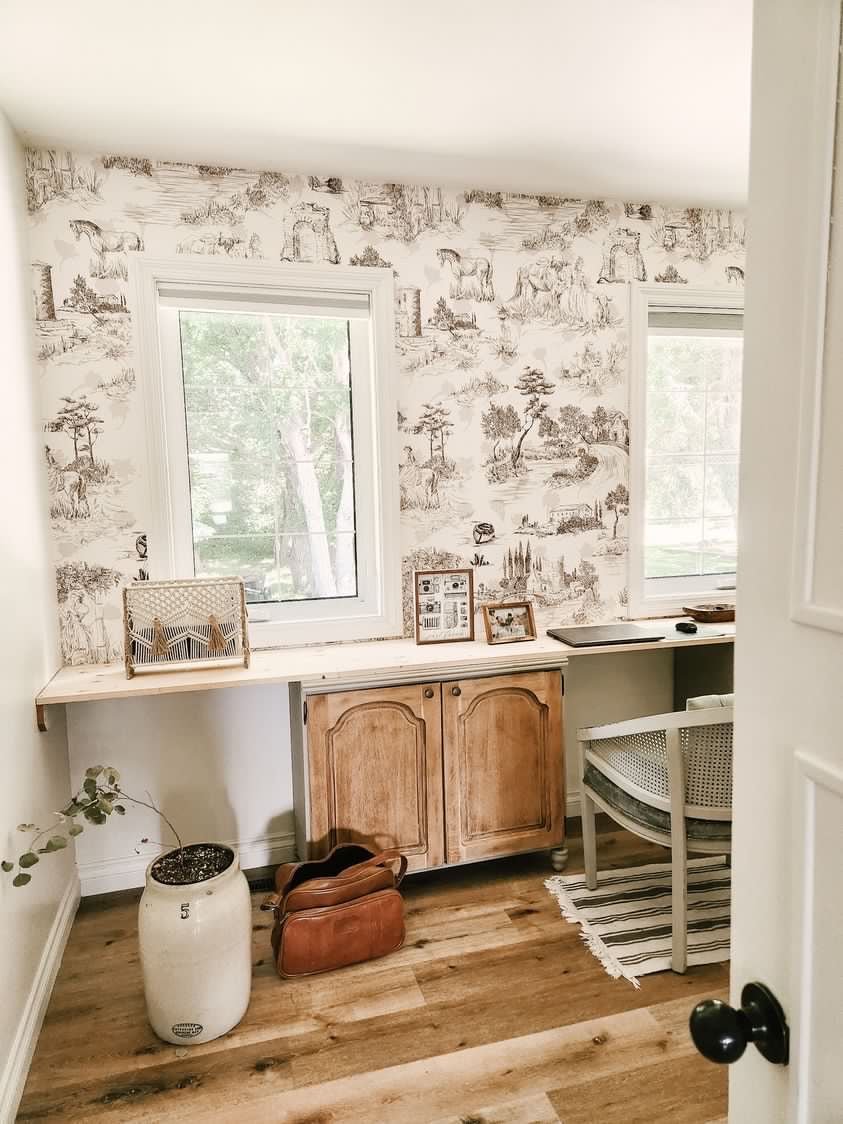 Toile de Jouy removable wallpaper in a peaceful home office