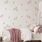 Beautiful girls bedroom with dusty rose decor and unicorn and flower removable wall stickers