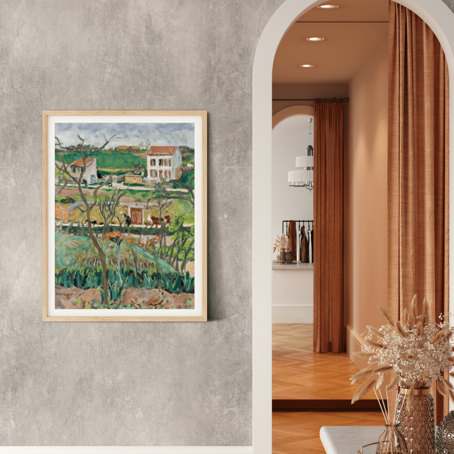 Elegant interior with Venetian plaster walls showcasing a framed landscape painting, modern furniture, and warm drapery in a stylish home decor setting