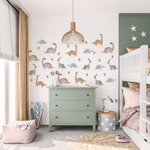 Shared kids bedroom with self-adhesive removable watercolour hand painted dinosaurs