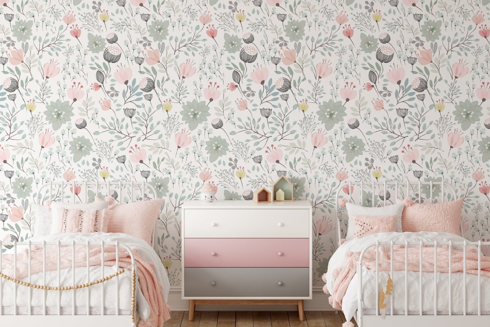 Shared girl bedroom with floral peel and stick wallpaper
