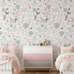 Shared girl bedroom with floral peel and stick wallpaper