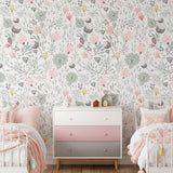 Shared girl bedroom with floral peel and stick wallpaper
