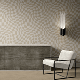 a room interior with a wall covered in a neutral-toned checkerboard wallpaper, complemented by modern furniture.