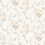 Soft pastel floral pattern with blush, taupe, and white flowers mingling with light green foliage on a creamy background, creating a whimsical and gentle ambiance for wall decor