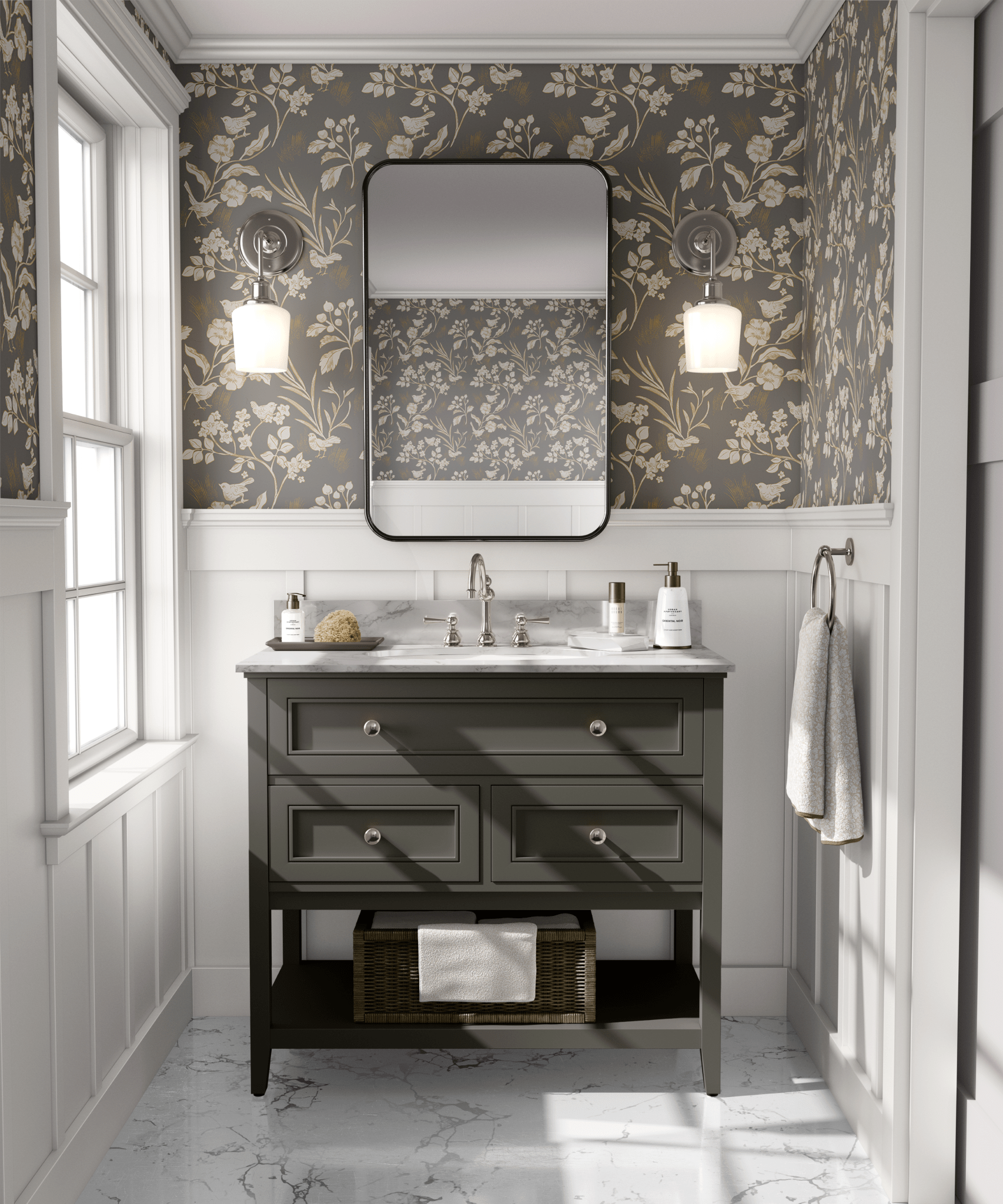 A bathroom with dark floral peel and stick wallpaper, a grey vanity. Bird wallpaper.