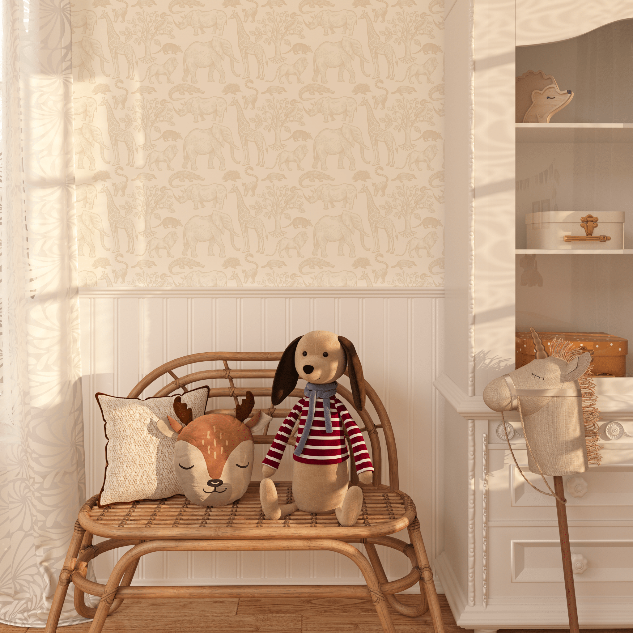African Safari style wallpaper featuring wild animals in beige and white in a child's room.
