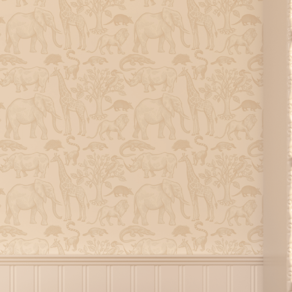 African Safari style wallpaper featuring wild animals in beige and white in a child's room.