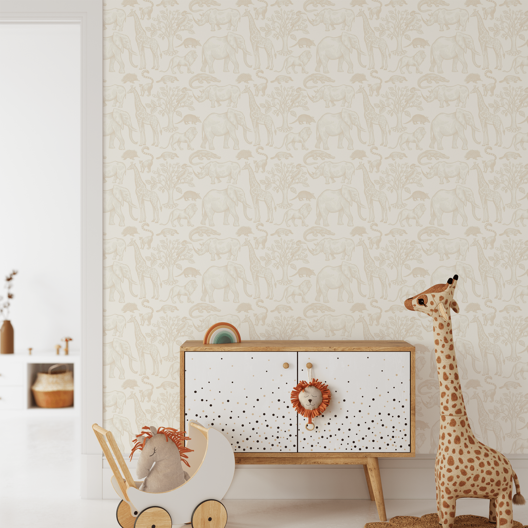Safari Animal wallpaper featuring wild animals in beige and white in a child's room.