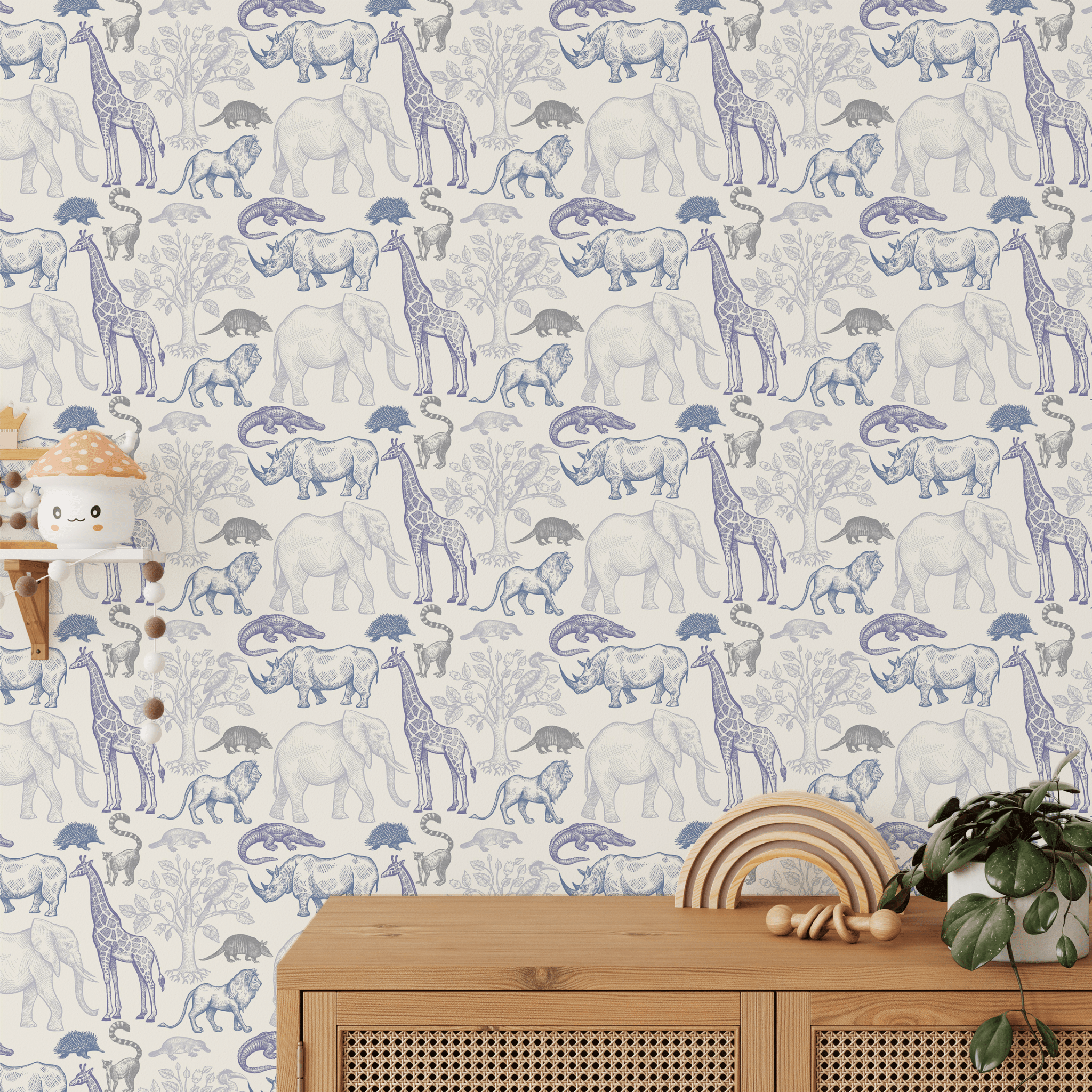 Safari Animal wallpaper featuring wild animals in blue and white in a child's room.