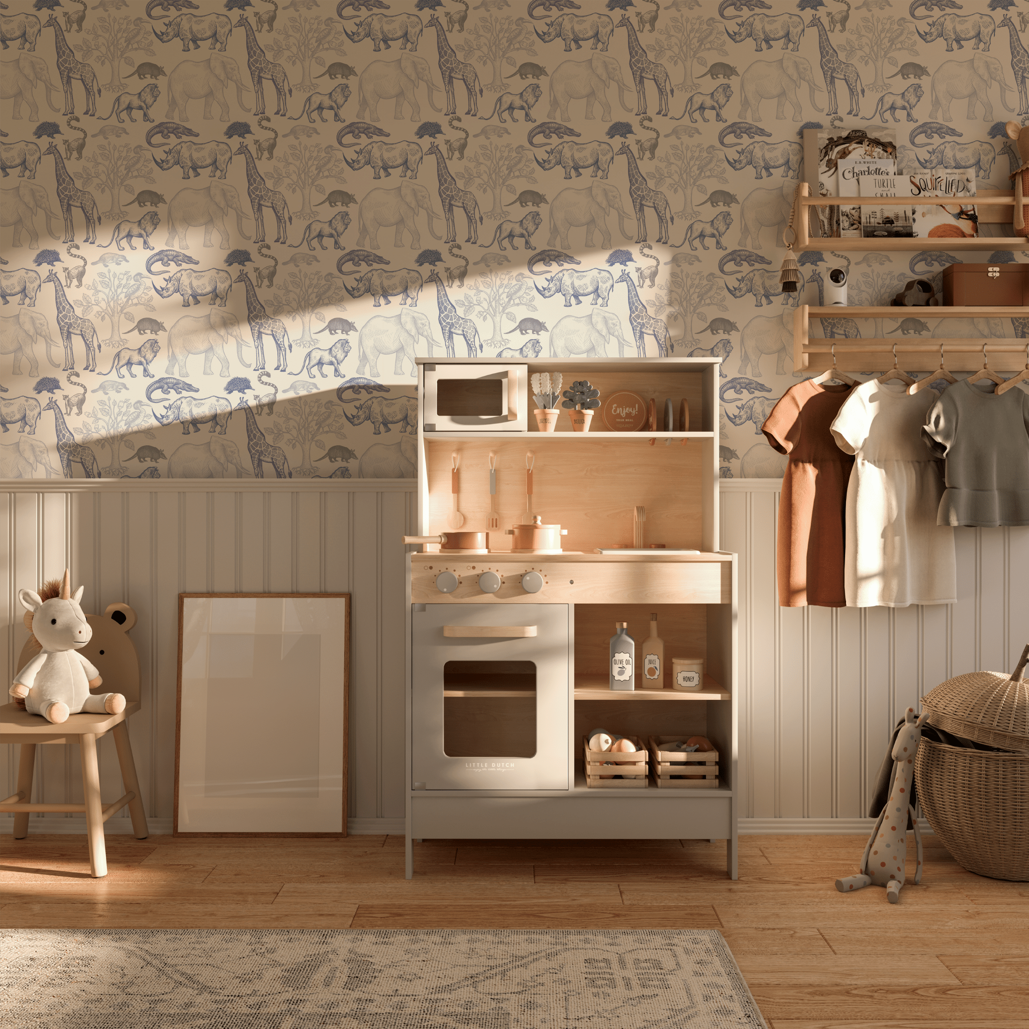 Blue safari wildlife animal wallpaper in a child's modern aesthetically pleasing room