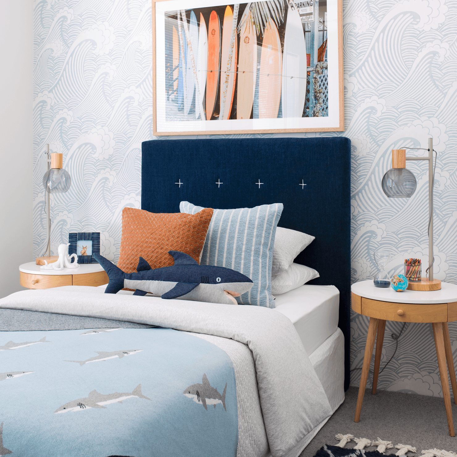 Blue wave wallpaper in a surf, shark and ocean inspired room