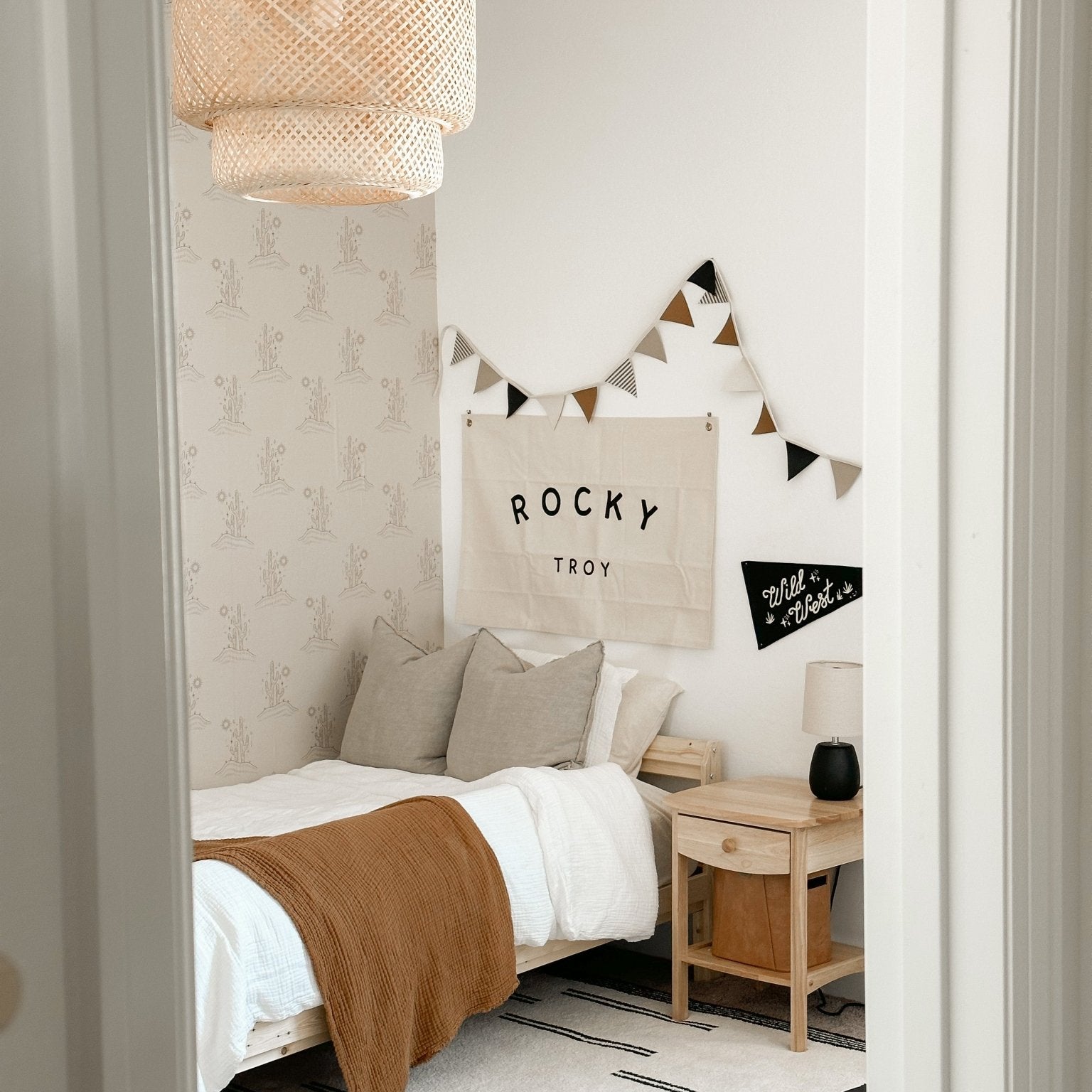 Little Boys Aesthetic Bohemian Style Bedroom with natural accents and peel and stick wallpaper