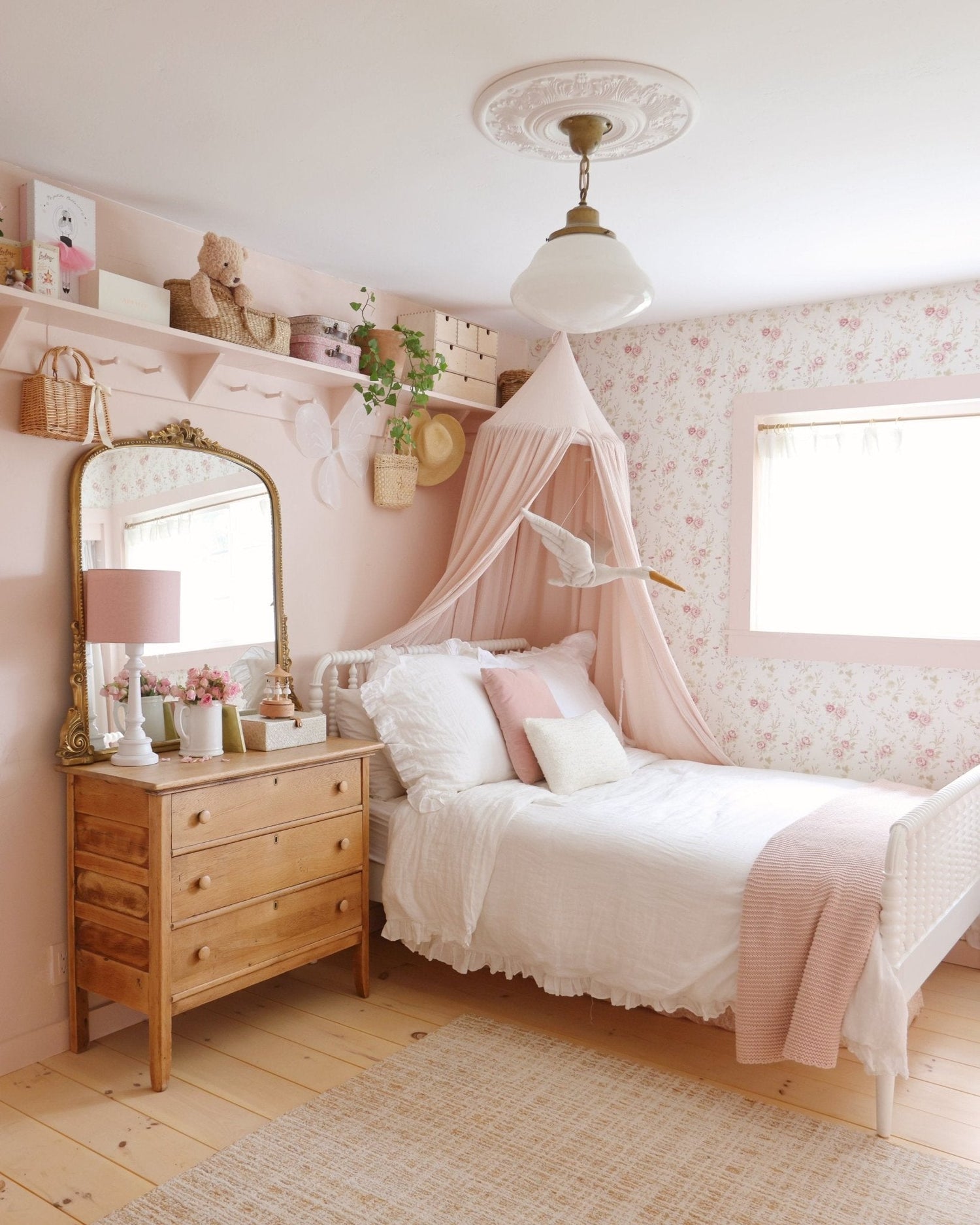 The Sweetest Blush Pink and White Antique Style Girls Room Decor with Vintage Wallpaper