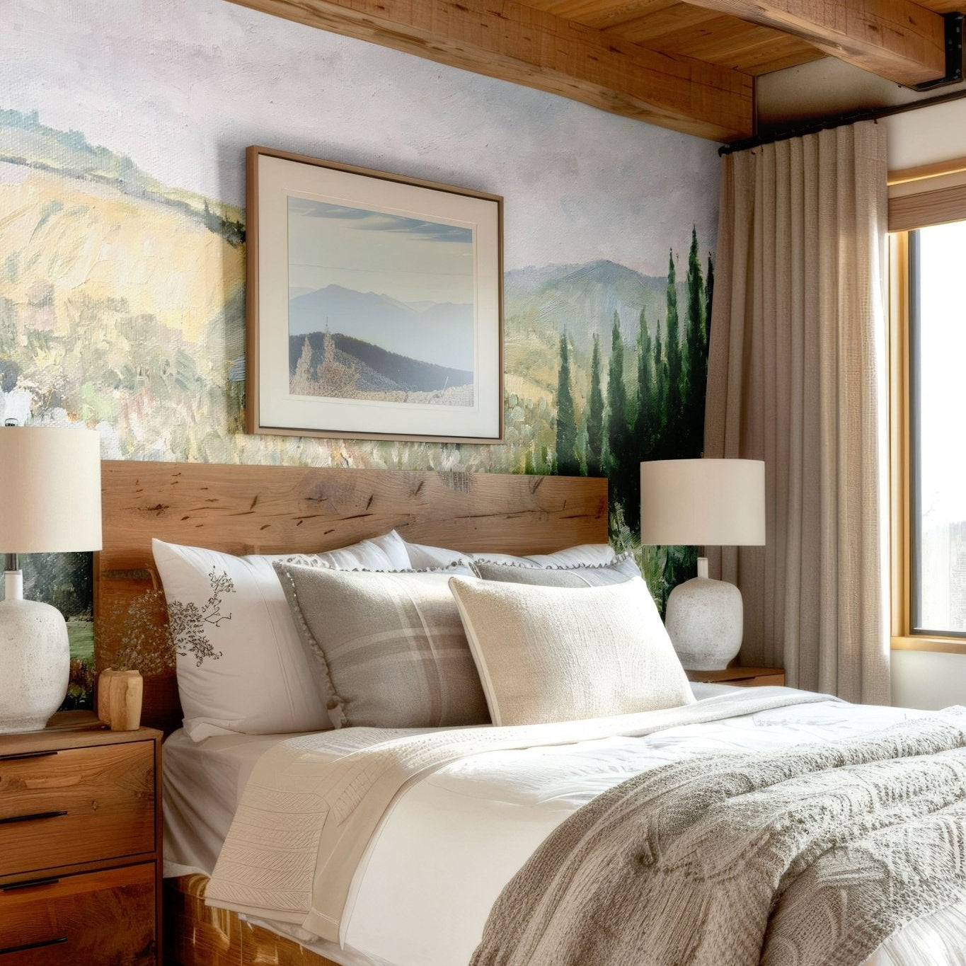 oil painting landscape mural in rustic wood bedroom