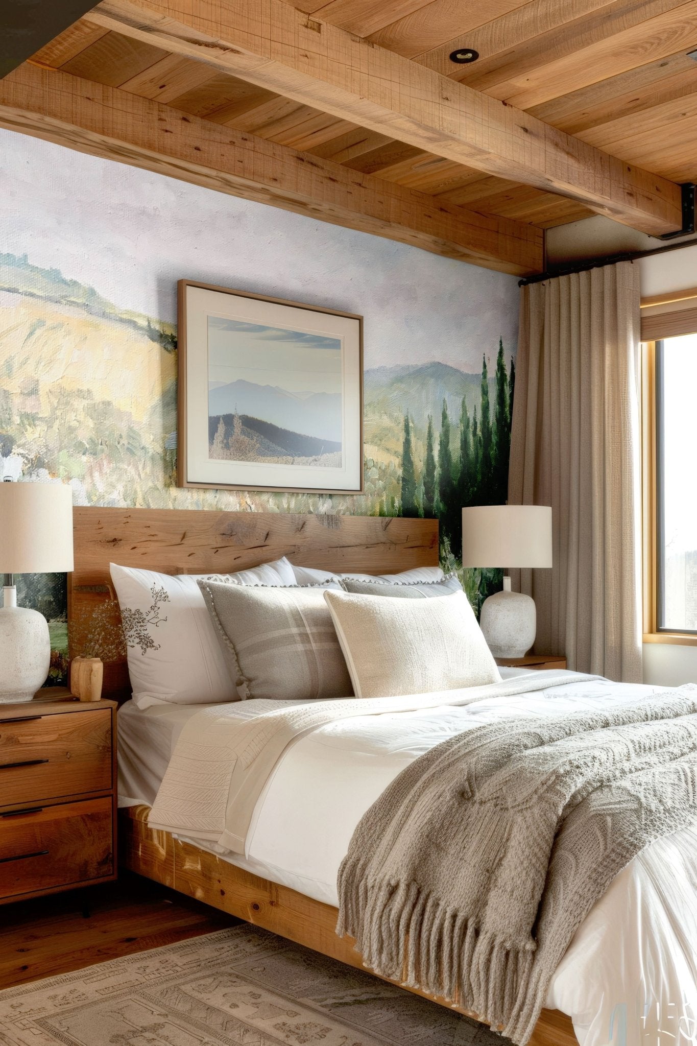 oil painting landscape mural in rustic wood bedroom