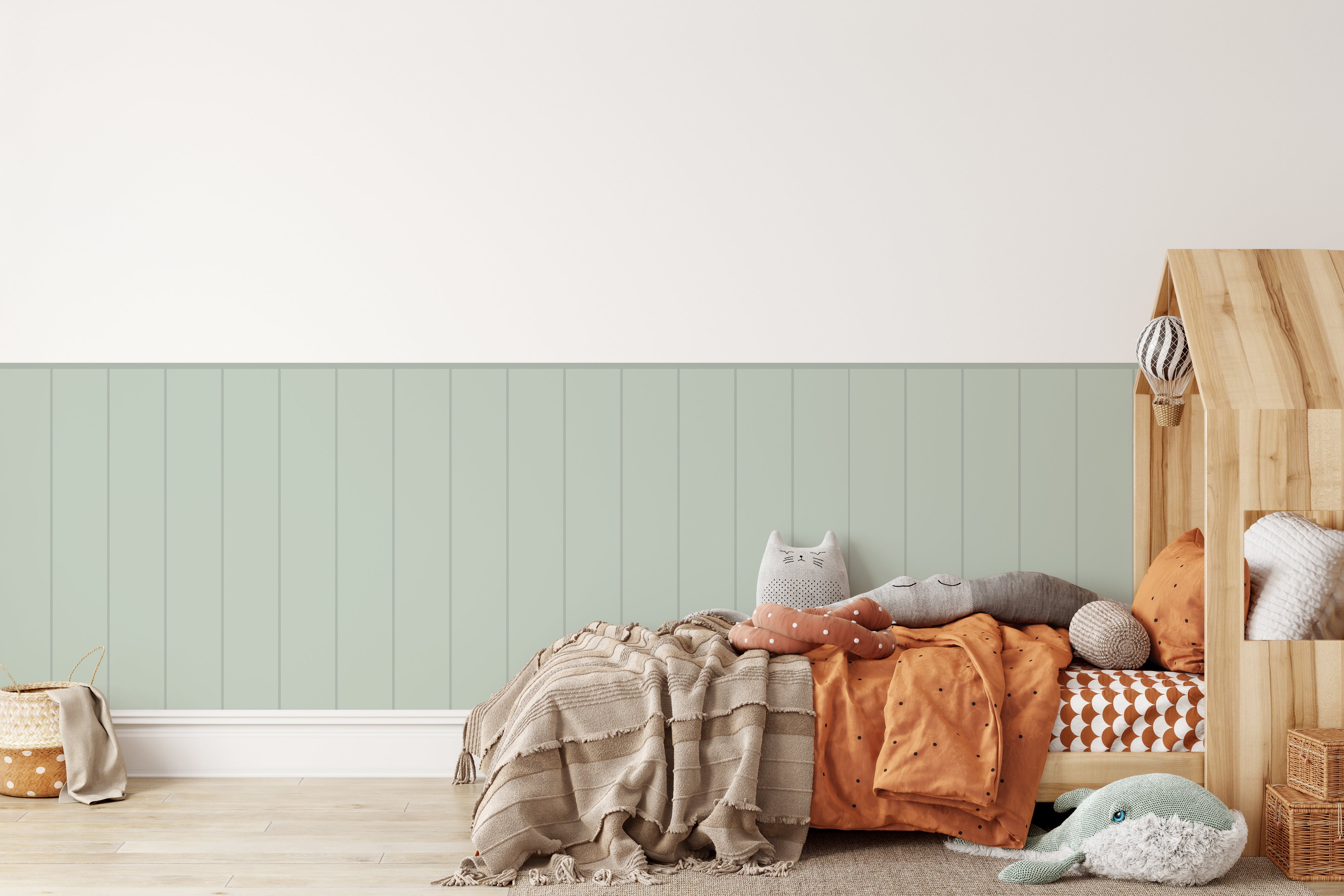 Peel and stick beadboard wainscoting in a cottage-style kids’ room