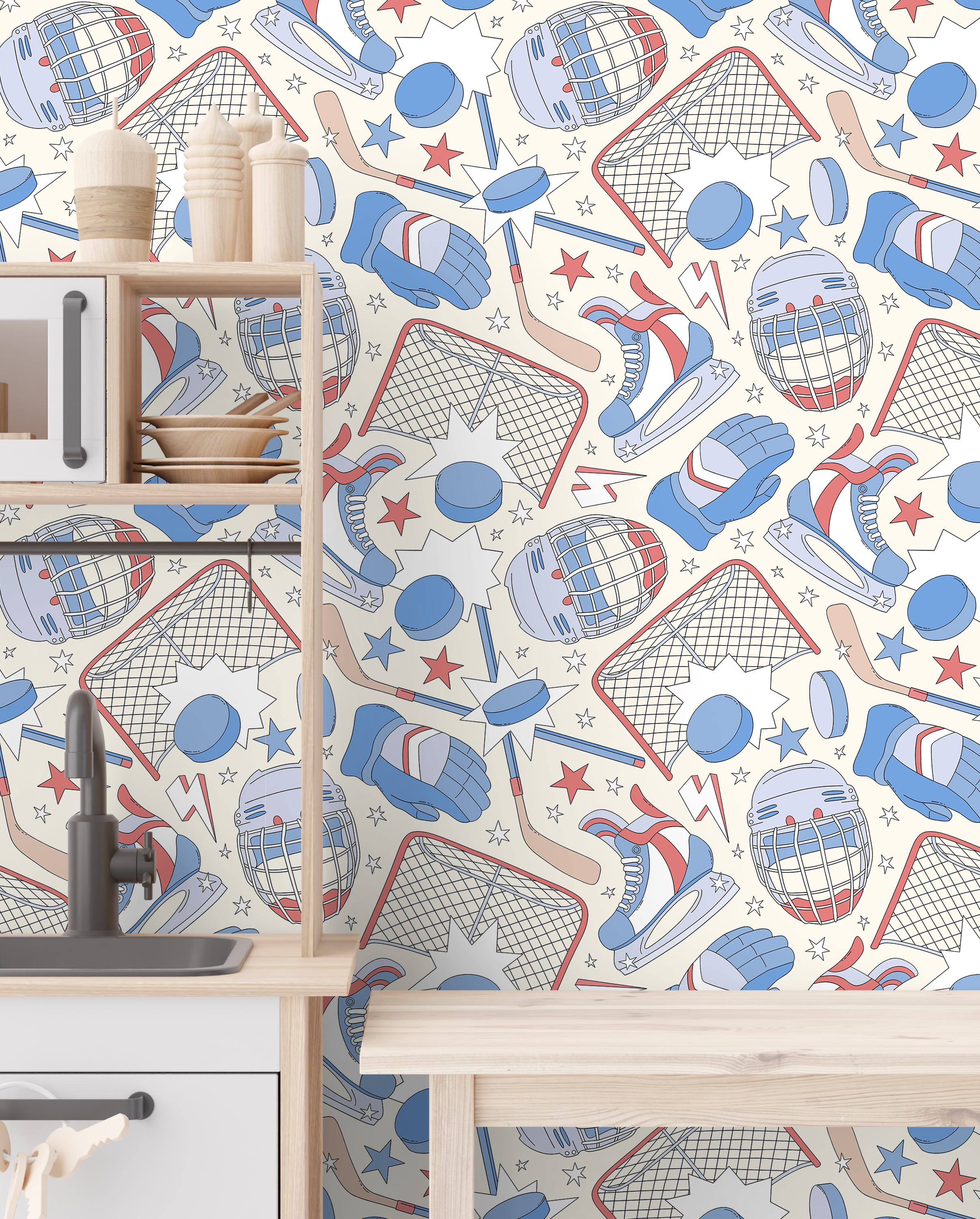 Children's room with hockey-themed wallpaper and wooden furniture.