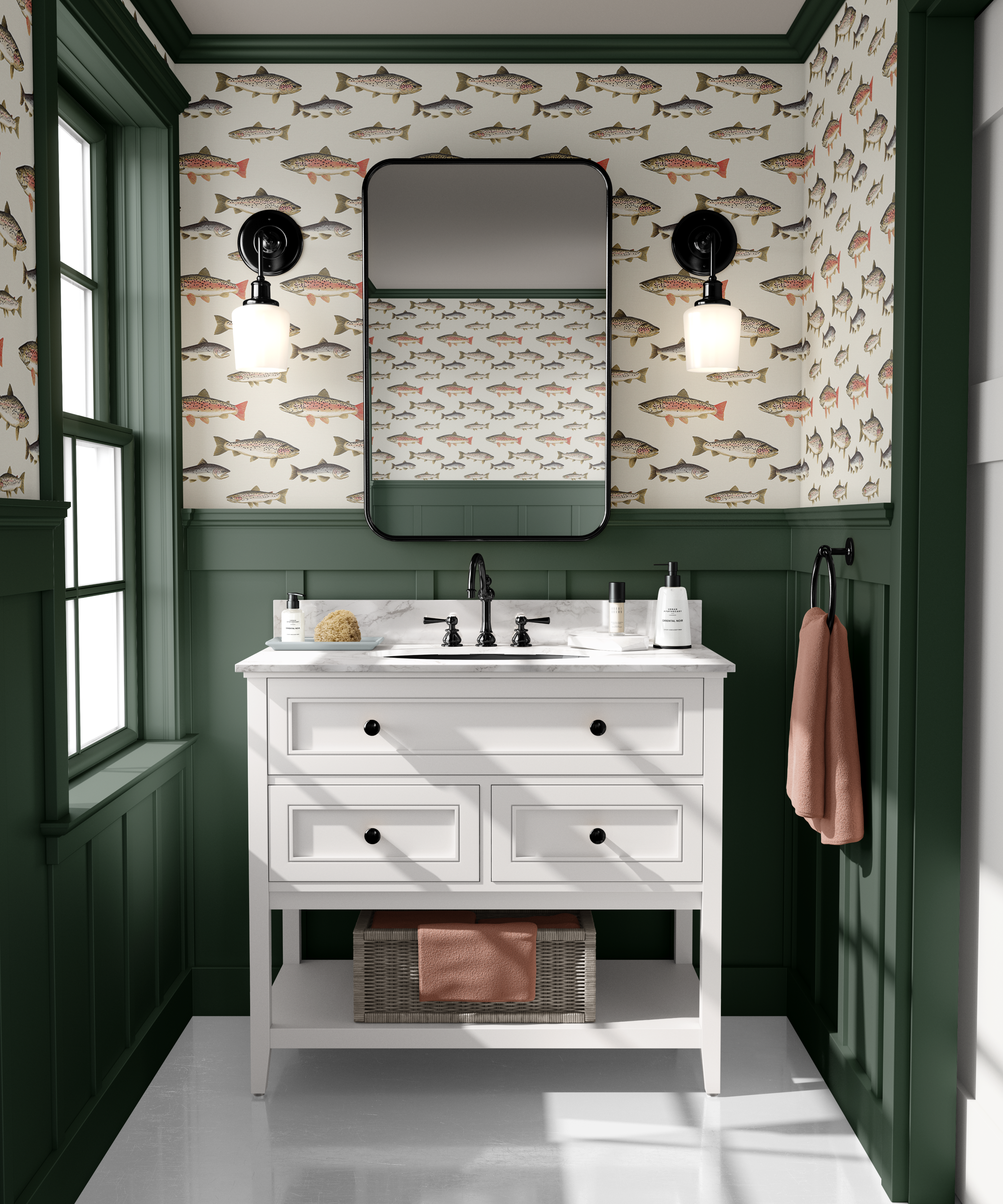 Anglers trout wallpaper in a green bathroom with white vanity and black fixtures