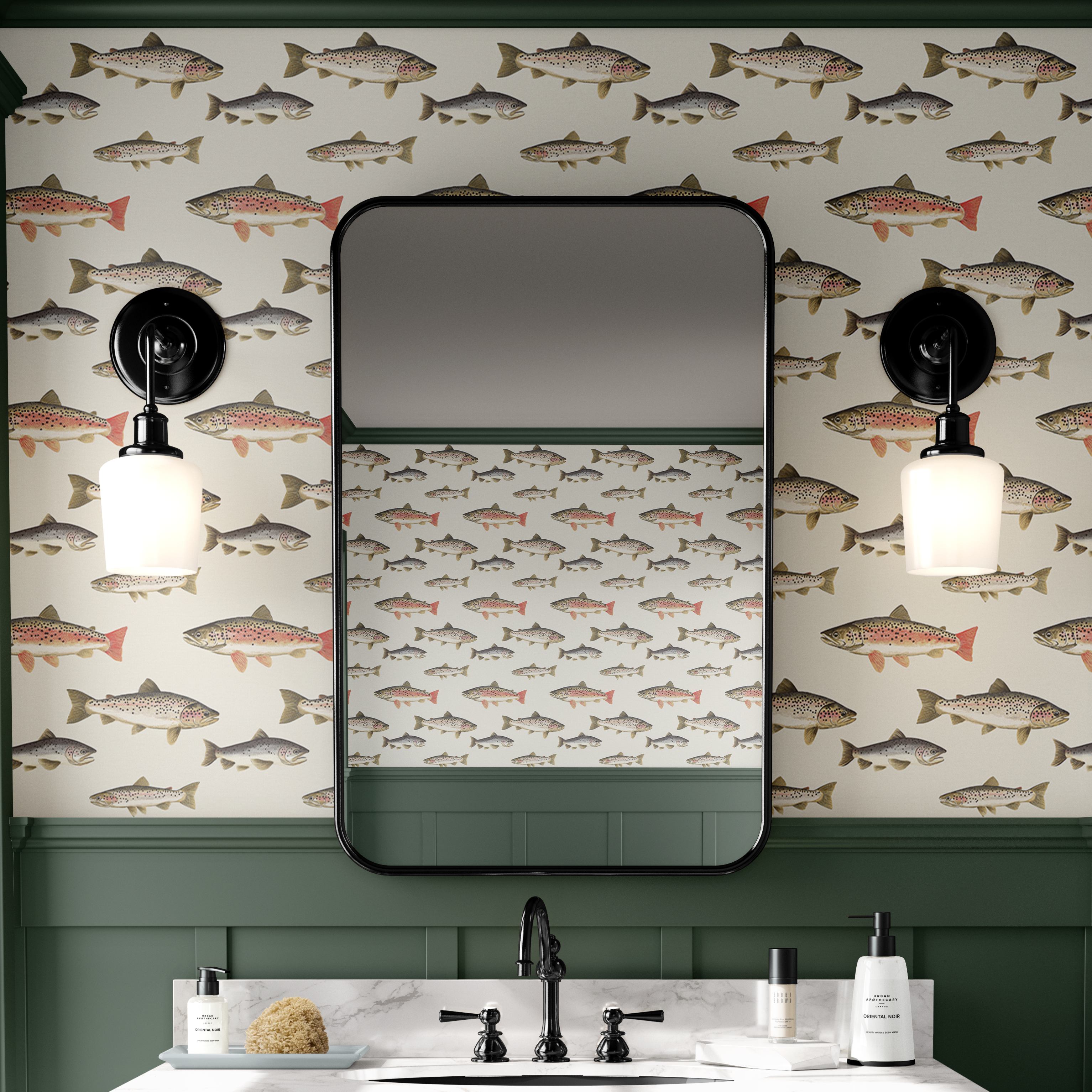 Bathroom with fish-patterned wallpaper, mirror, and lighting fixtures.