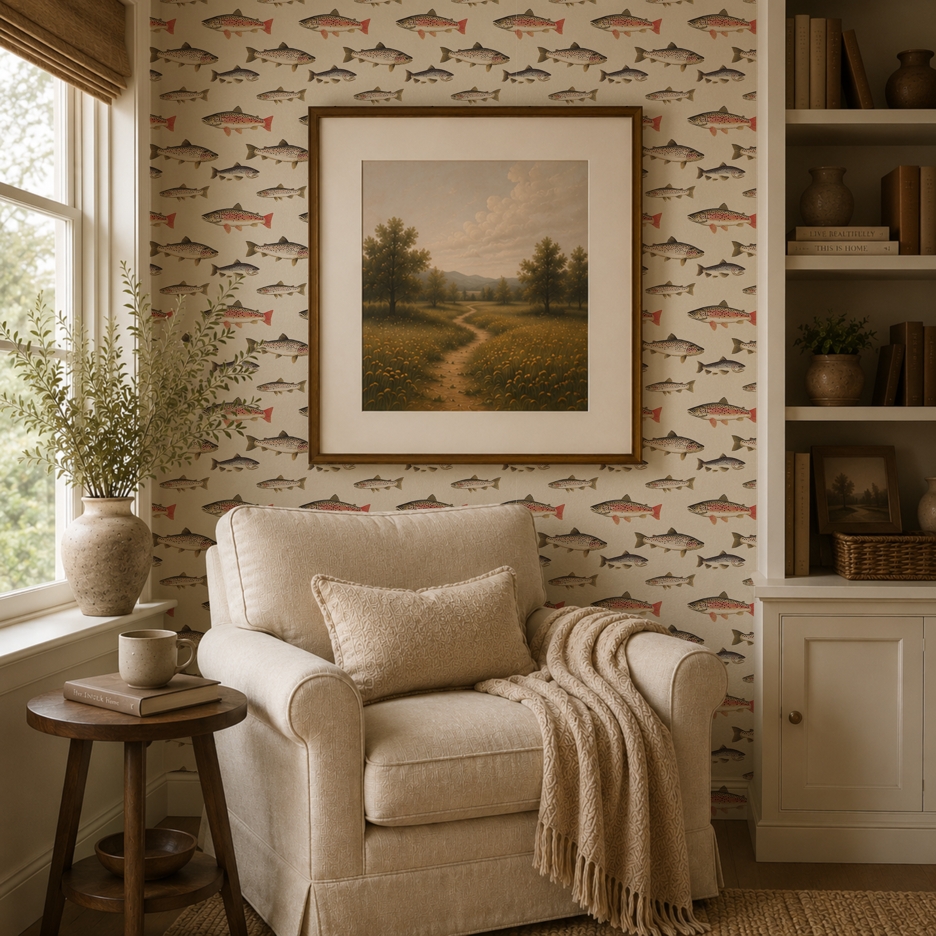 Cozy living room with beige armchair, fish-patterned wallpaper, and framed landscape painting.