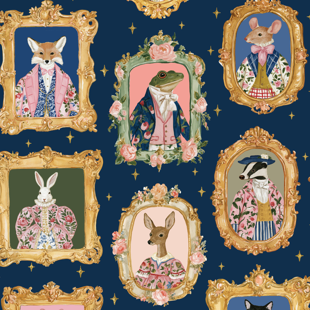 Animal Portrait Wallpaper sample with whimsical fox, frog, rabbit, deer and woodland animals in ornate vintage gold frames
