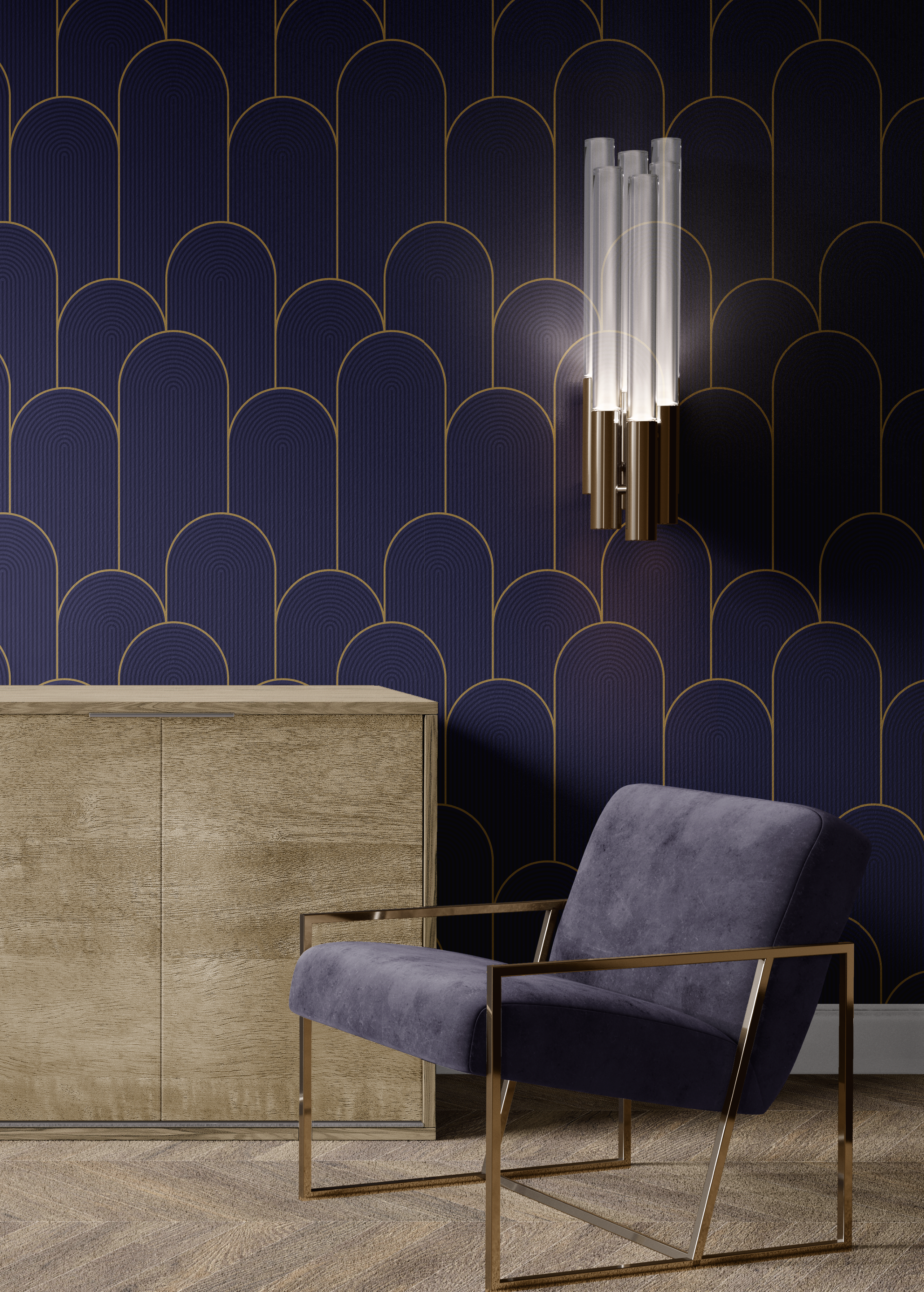 luxury office with navy and gold arch wallpaper, brass wall sconce, and velvet accent chair