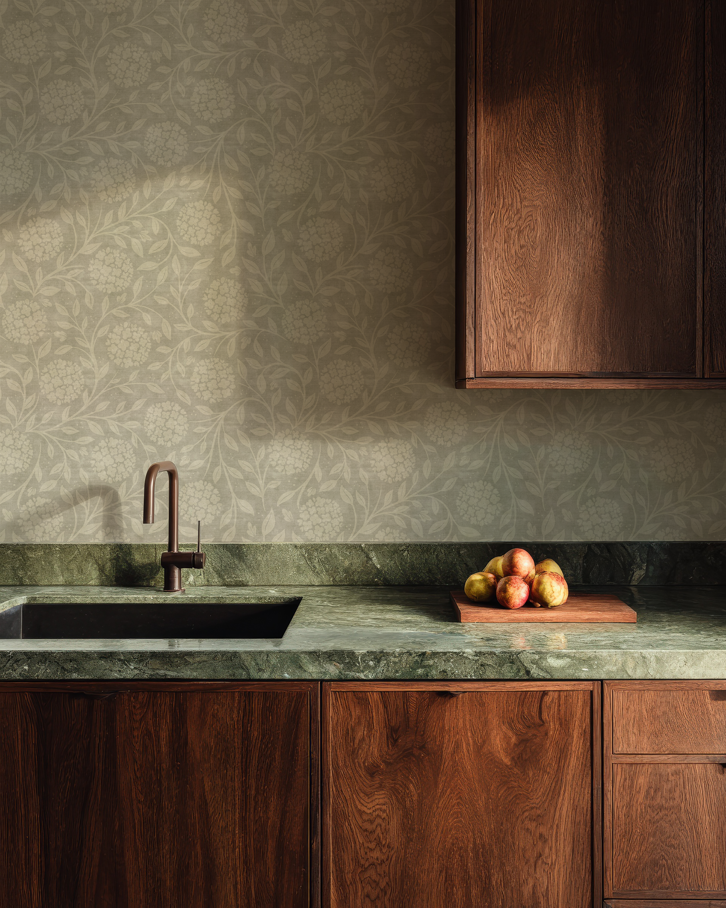 Ash Elderflower kitchen wallpaper with neutral elderflower floral design, trailing leaves, and vintage botanical cottage styling