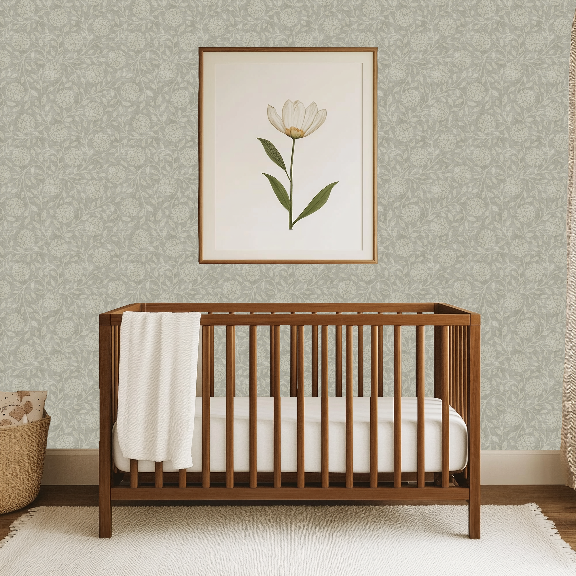 Ash Elderflower wallpaper in nursery with white botanical artwork, showcasing detailed elderflower blooms and winding floral vines