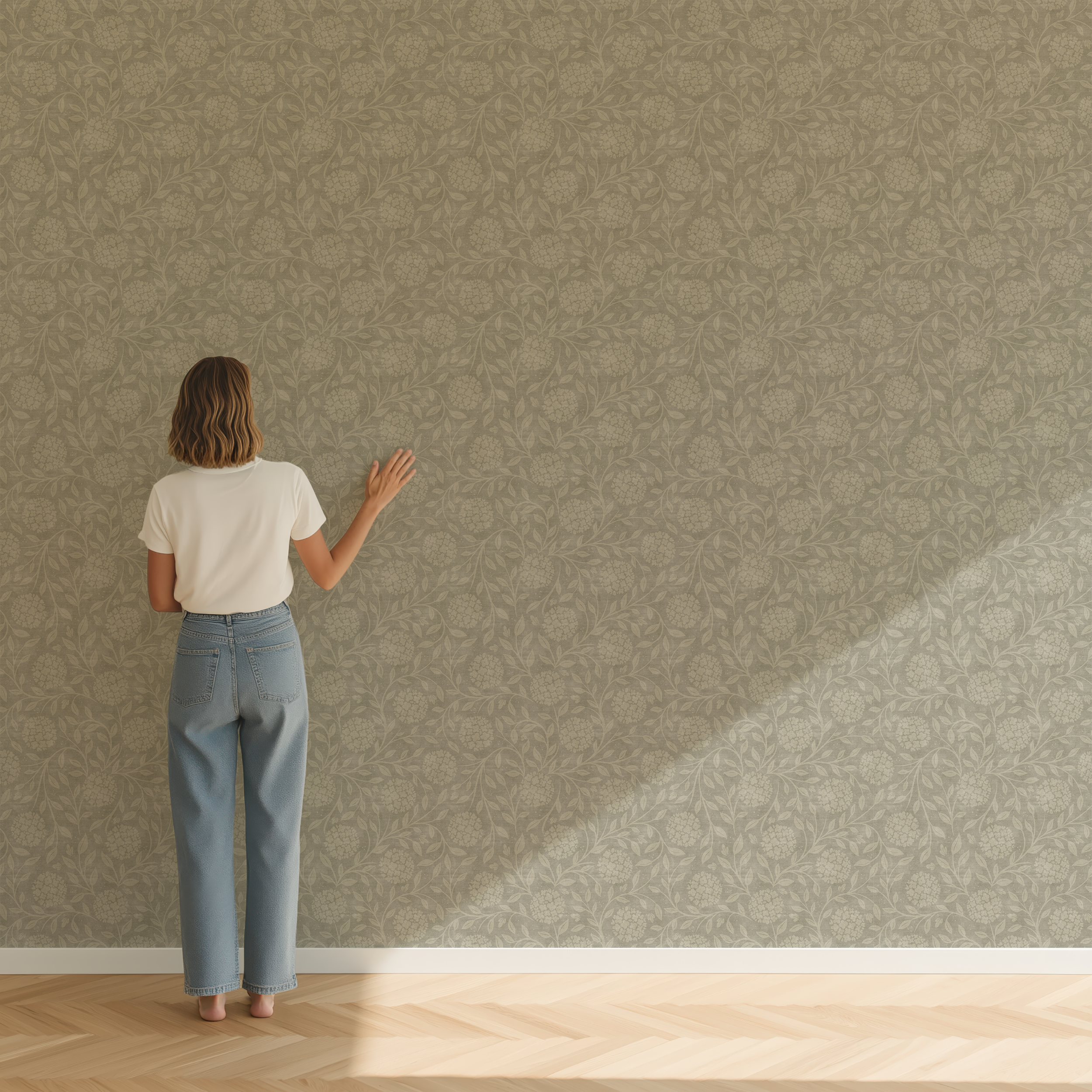 Ash Elderflower vintage floral wallpaper featuring repeating elderflower blossoms, leafy botanical stems, and linen-inspired sage grey background