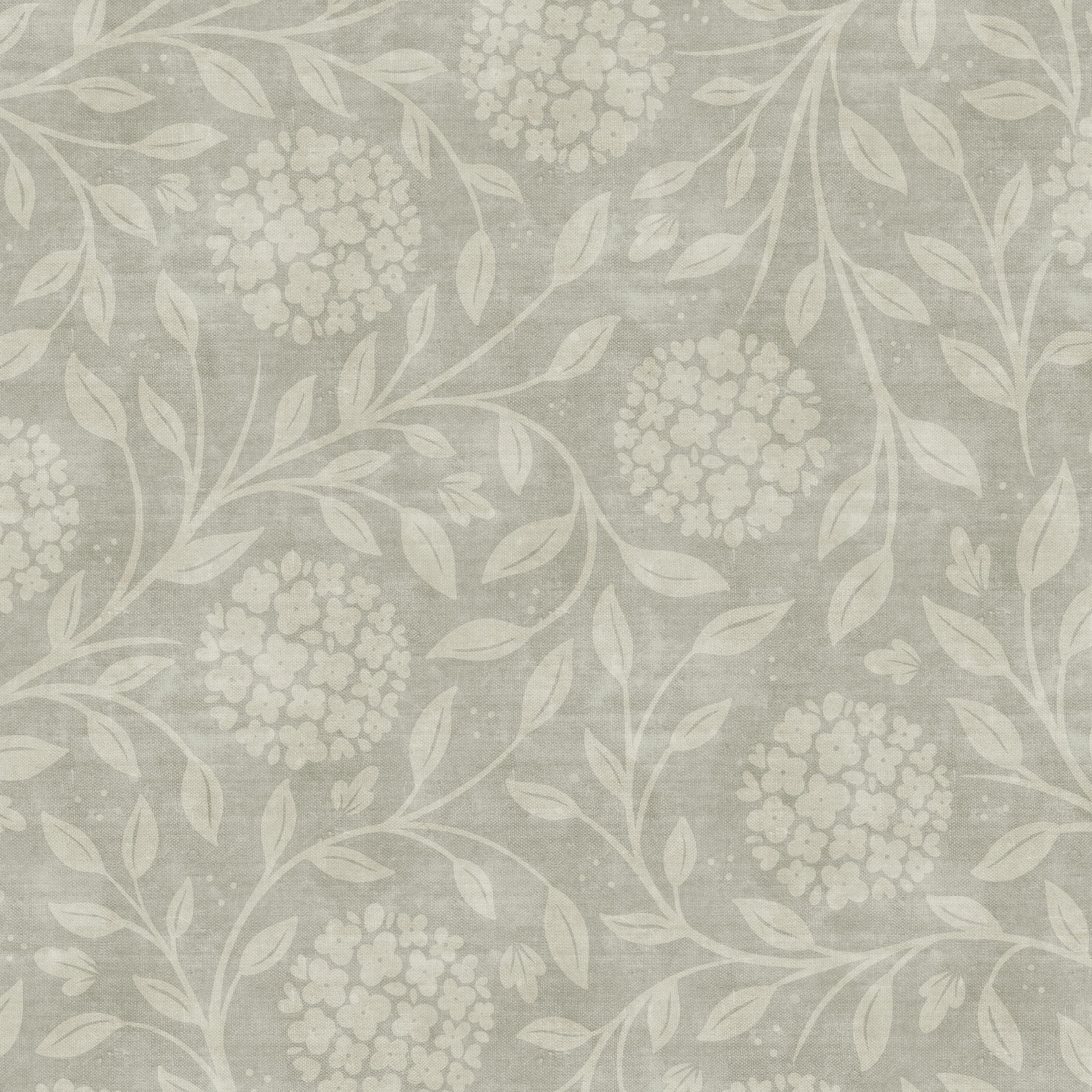 Ash Elderflower wallpaper scale reference showing vintage elderflower floral pattern with delicate vines on a muted sage grey background