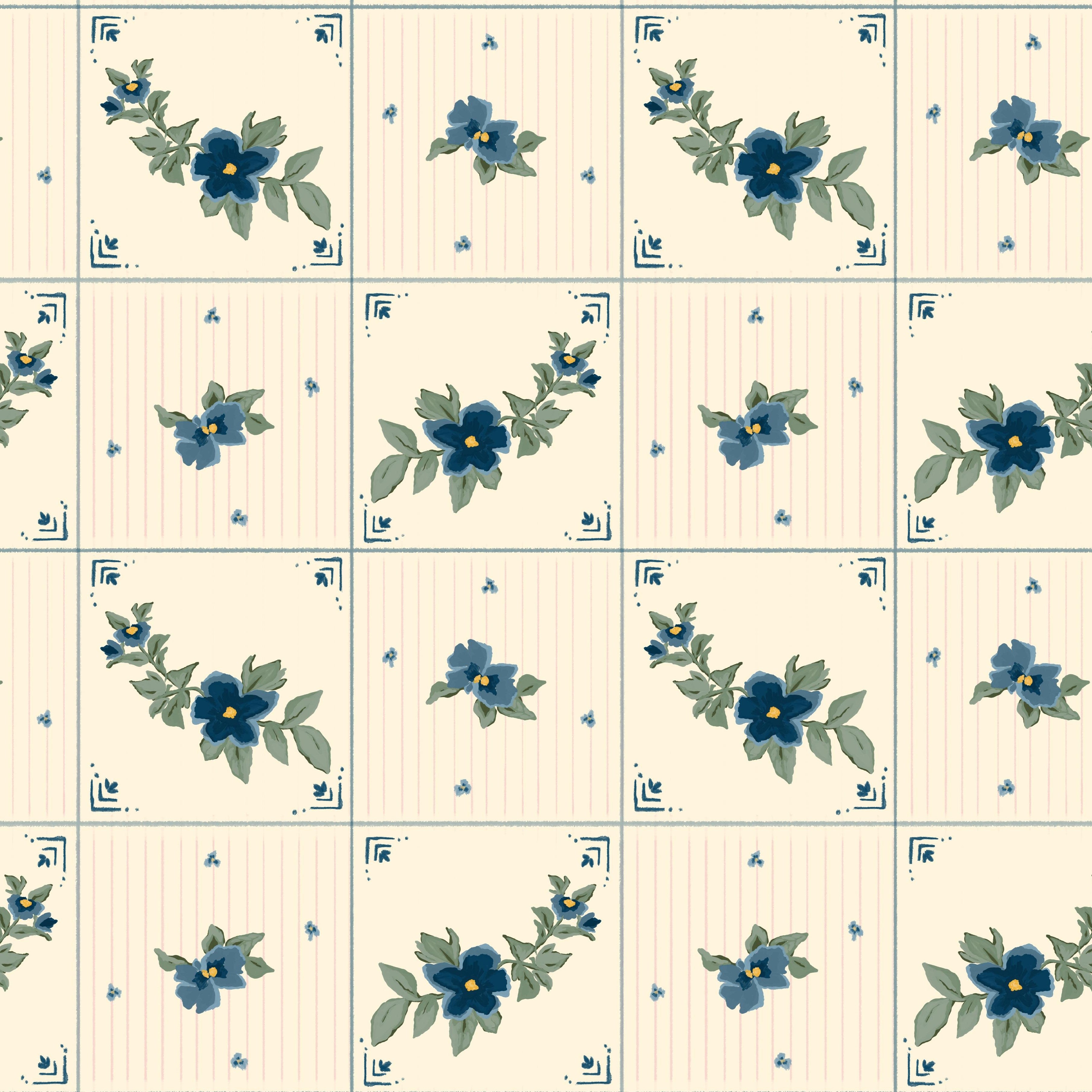 Close up of Azulejo Tile Wallpaper featuring hand painted blue flowers, green leaves and cream striped tiles