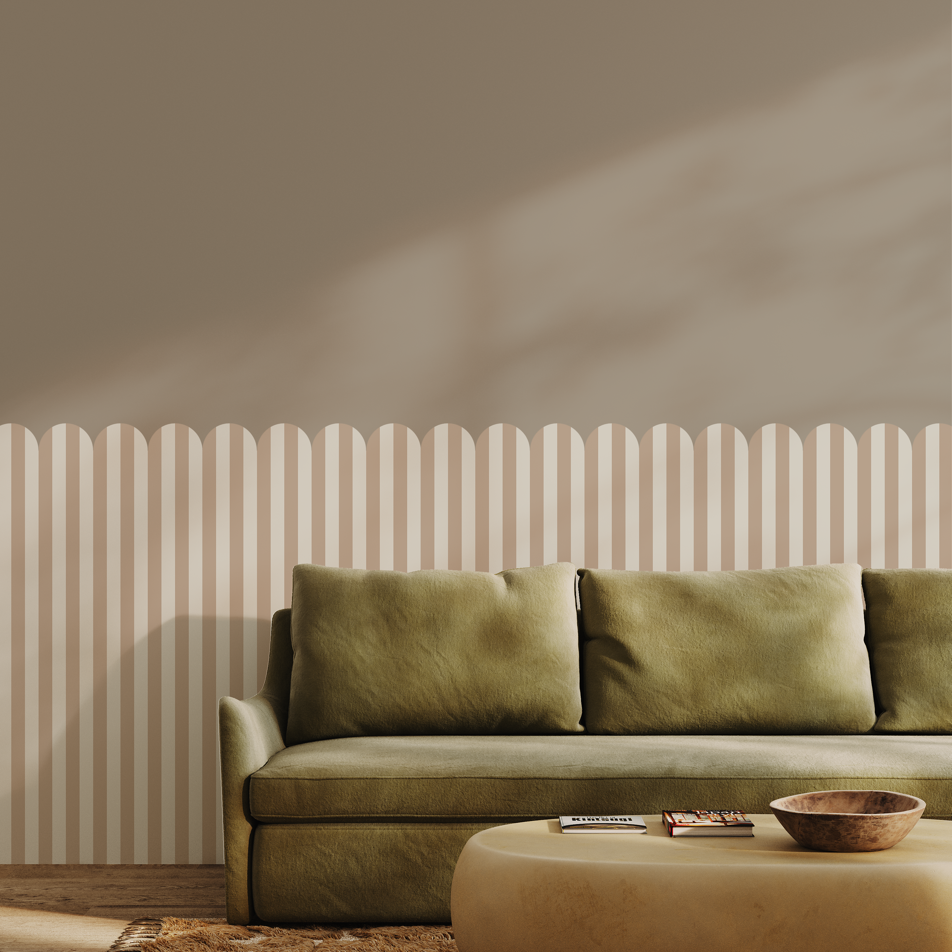 Neutral striped scallop wall panels behind olive green couch in cozy living room.