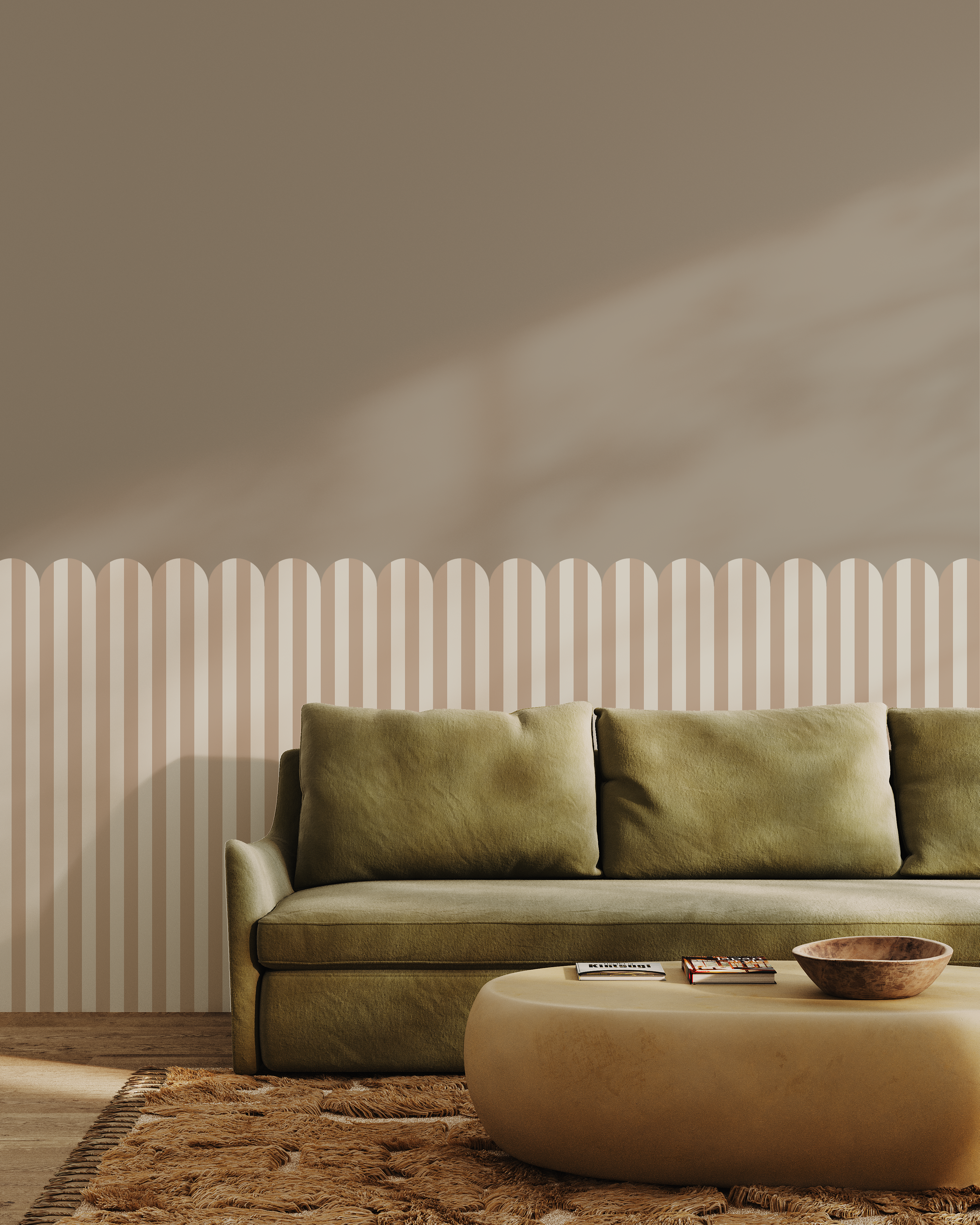 Neutral striped scallop wall panels behind olive green couch in cozy living room.