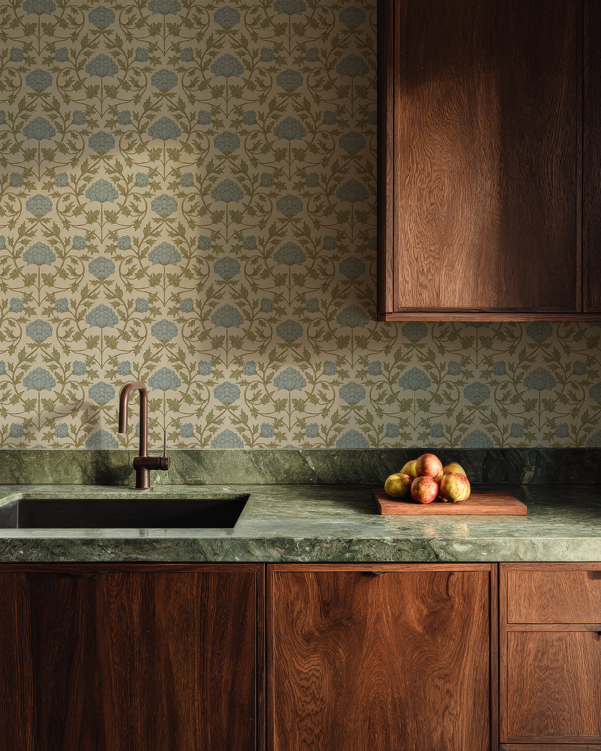 Blue Green Thistle kitchen wallpaper with repeating botanical thistle motif, scrolling vines, and classic William Morris style pattern