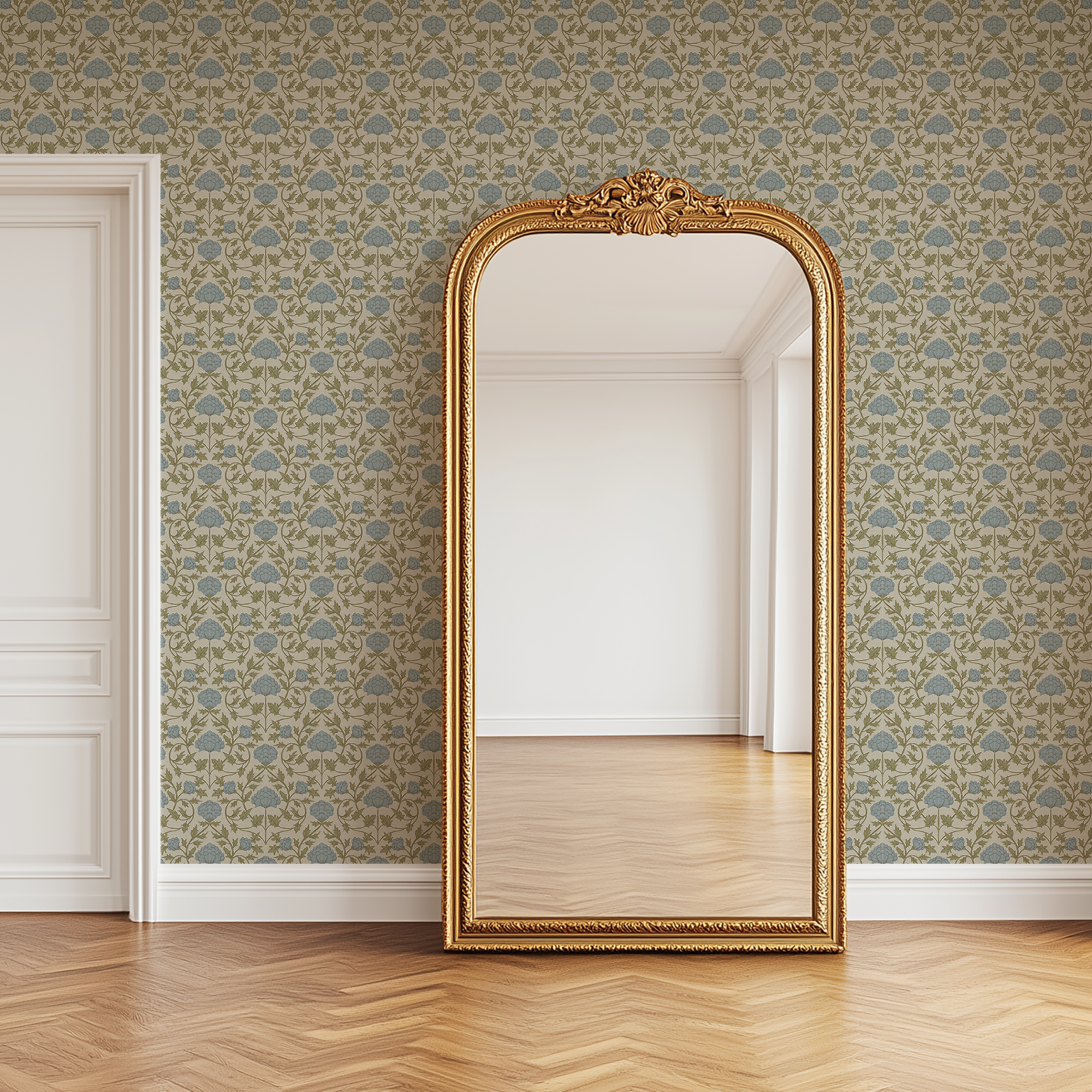 Blue Green Thistle wallpaper with antique gold floor mirror highlighting soft blue floral blooms and intricate green botanical details