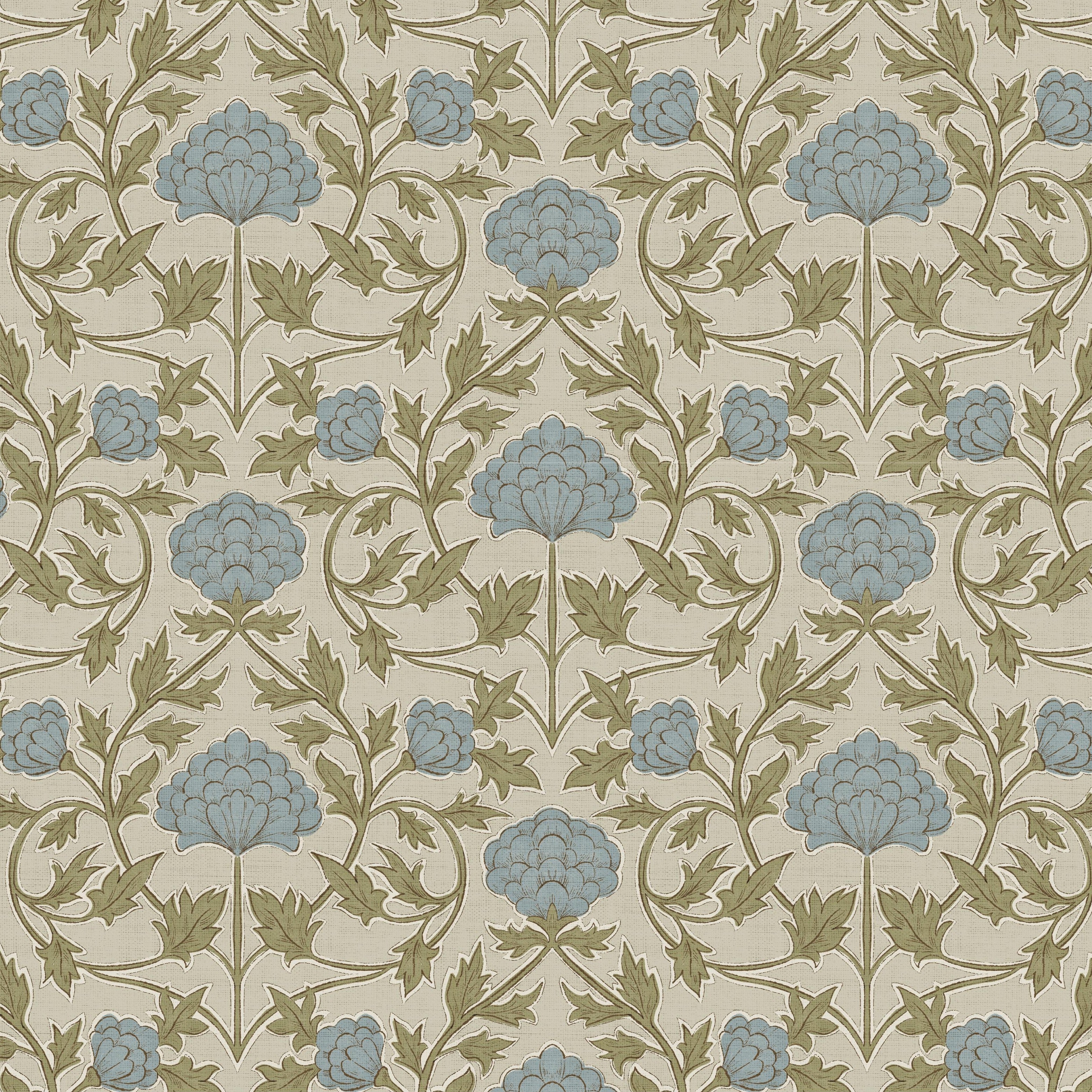 Blue Green Thistle wallpaper sample showcasing detailed blue thistle flowers, olive green foliage, and heritage floral repeat design