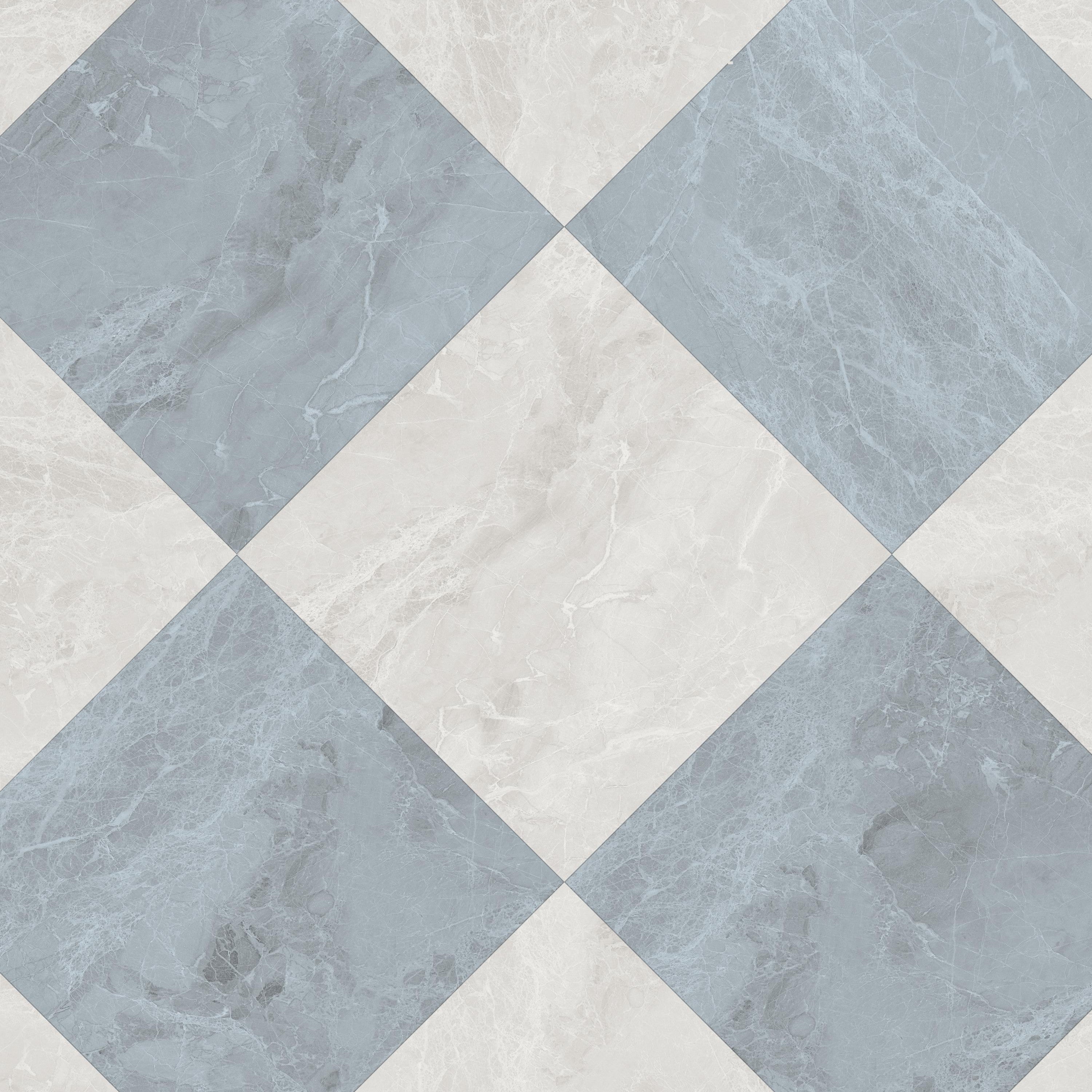 Close-up of blue marble diamond wallpaper featuring a classic harlequin tile pattern