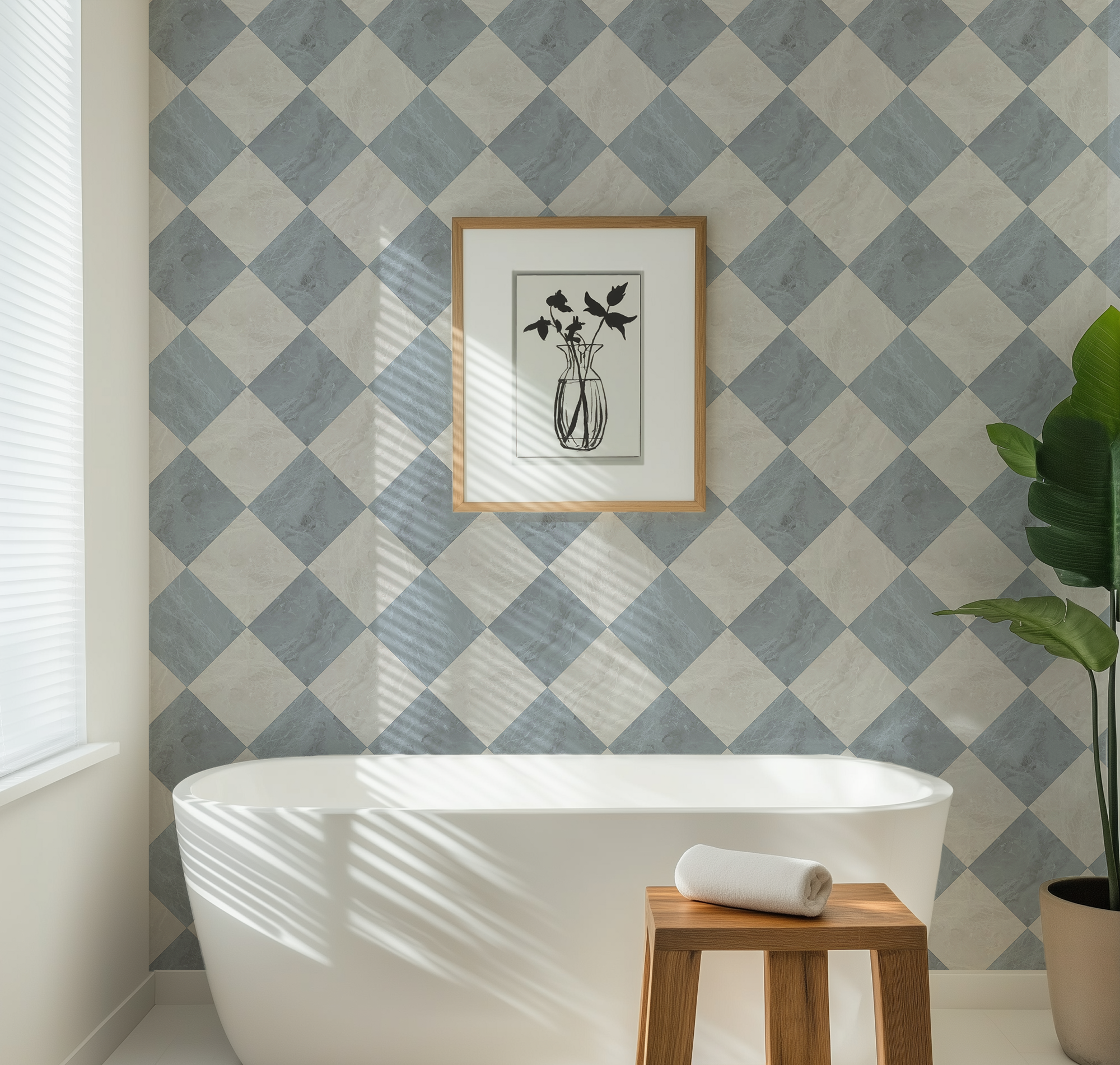 Coastal-inspired blue diamond wallpaper installed behind a freestanding bathtub in a bright bathroom