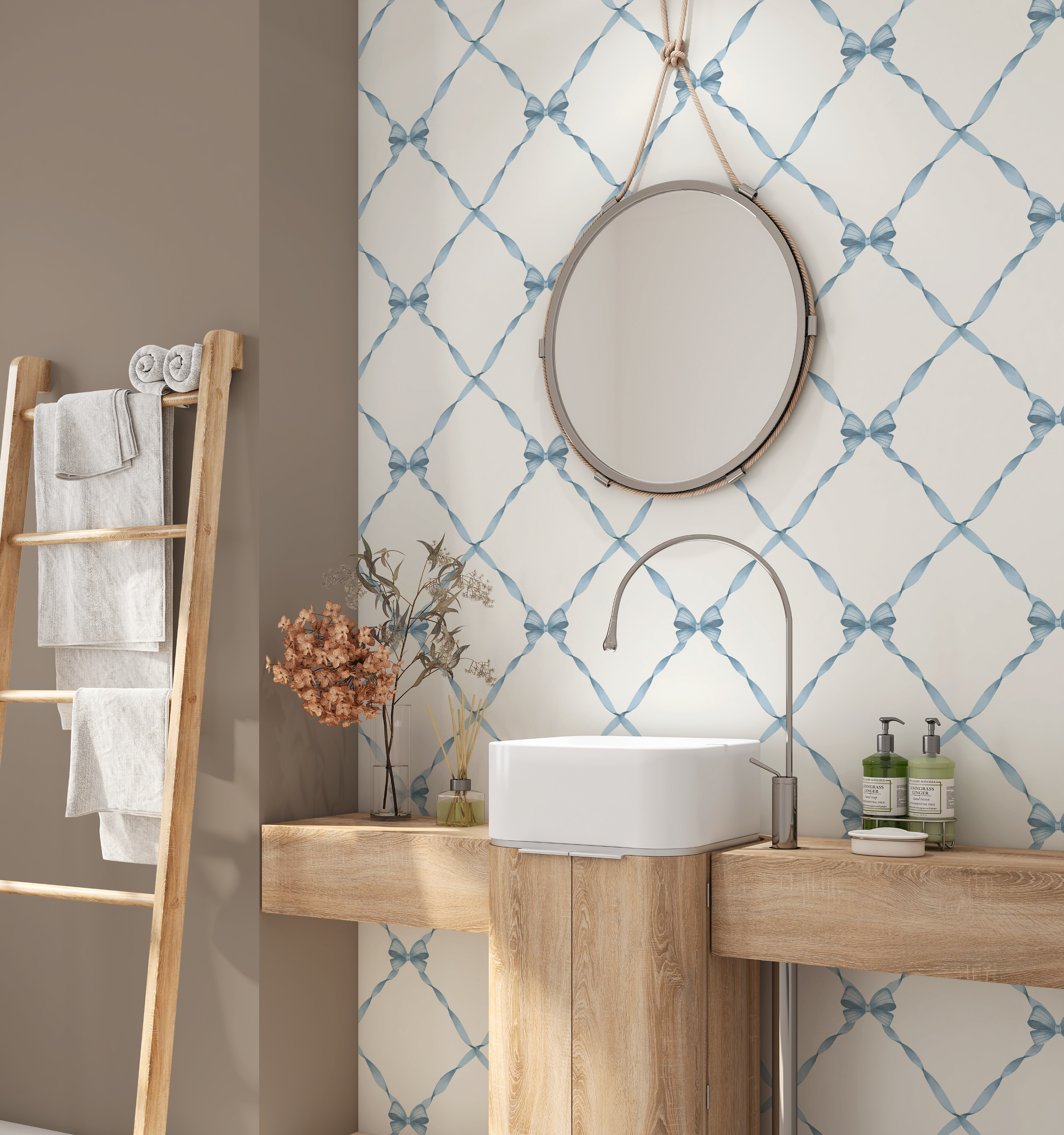 Blue ribbon lattice wallpaper in bathroom with round mirror and wood vanity, soft bow trellis pattern on neutral background