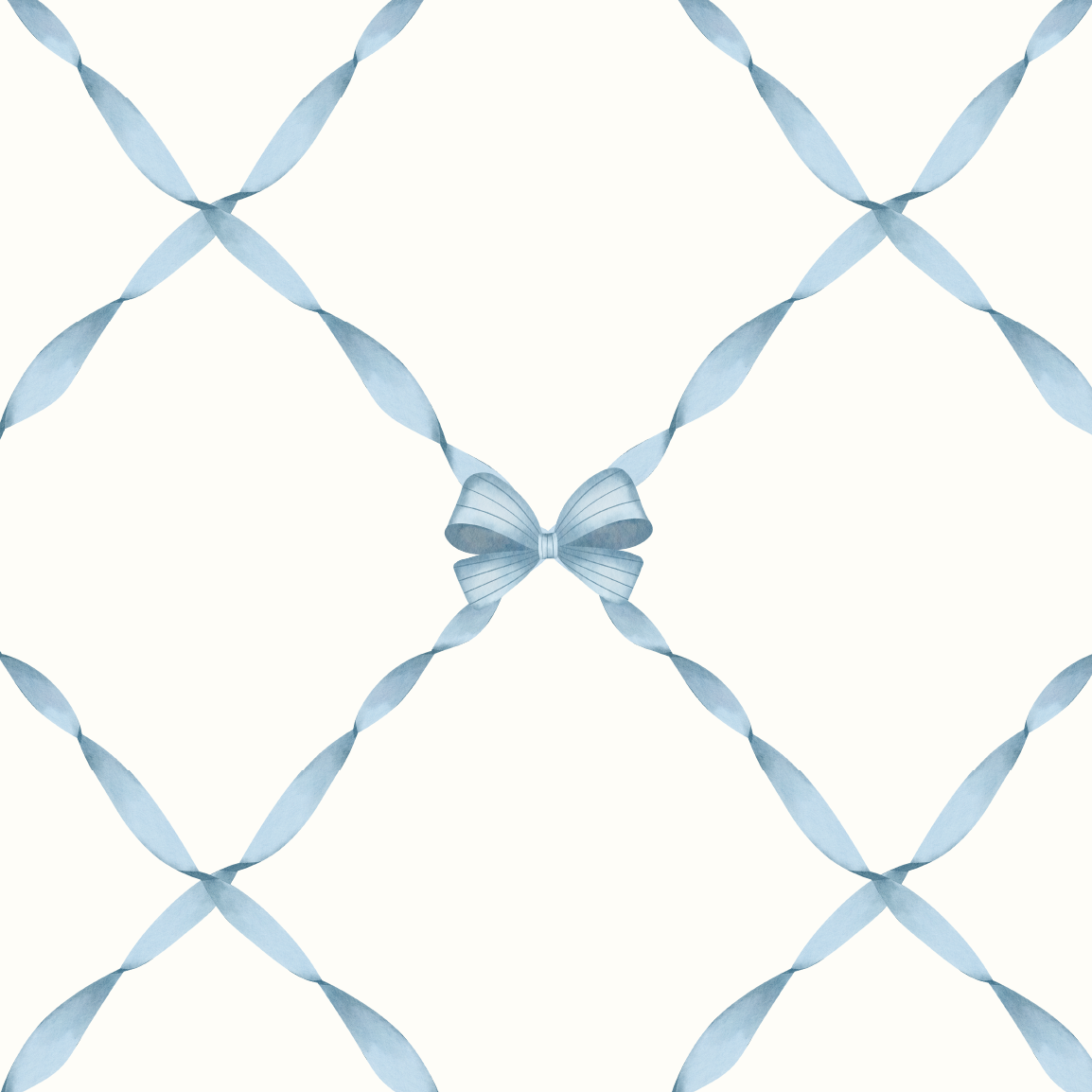 Close up of blue watercolor ribbon lattice wallpaper sample showing bow detail and soft neutral background