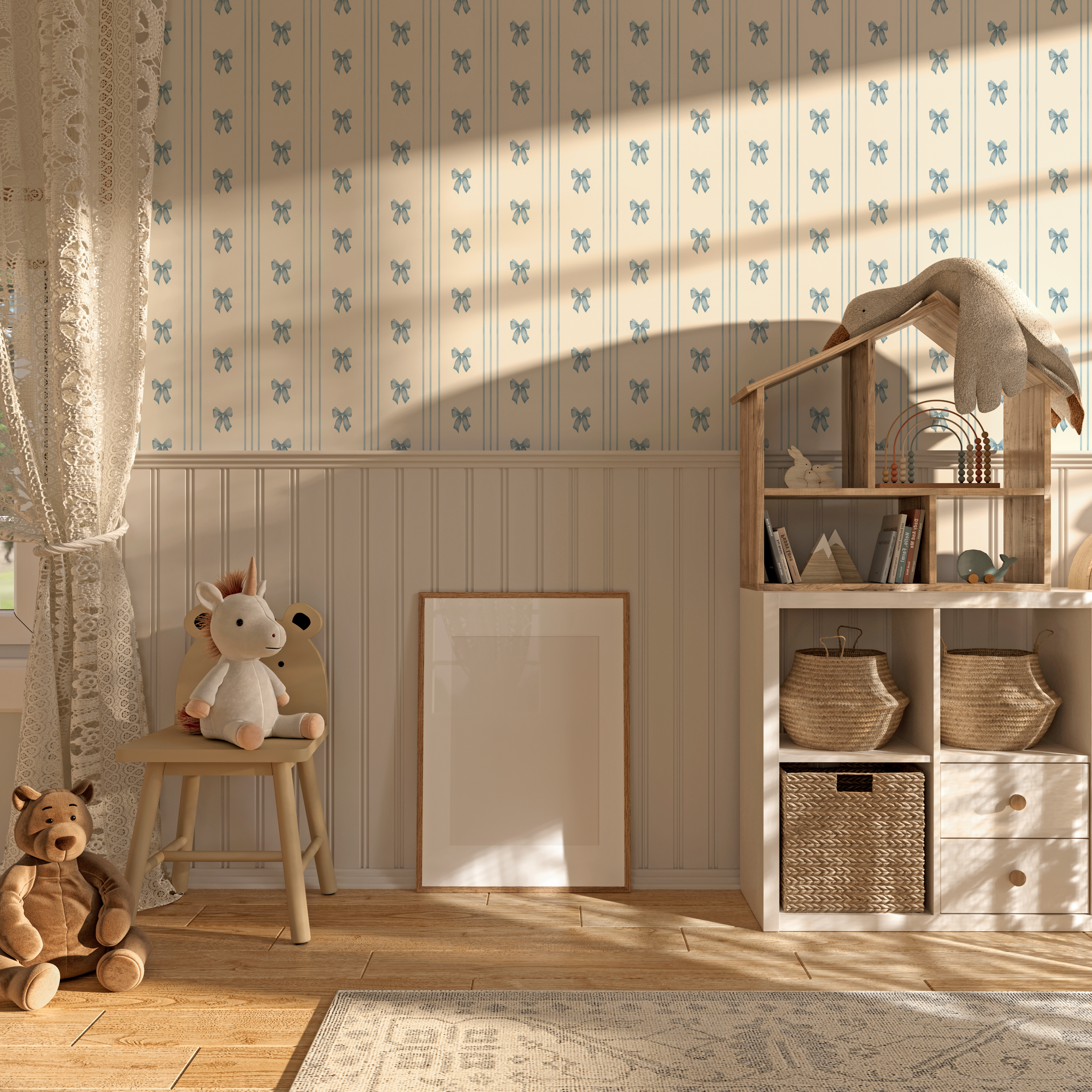 Blue tailored ribbon wallpaper in warm nursery with wood floors and woven baskets, vertical stripe bow pattern