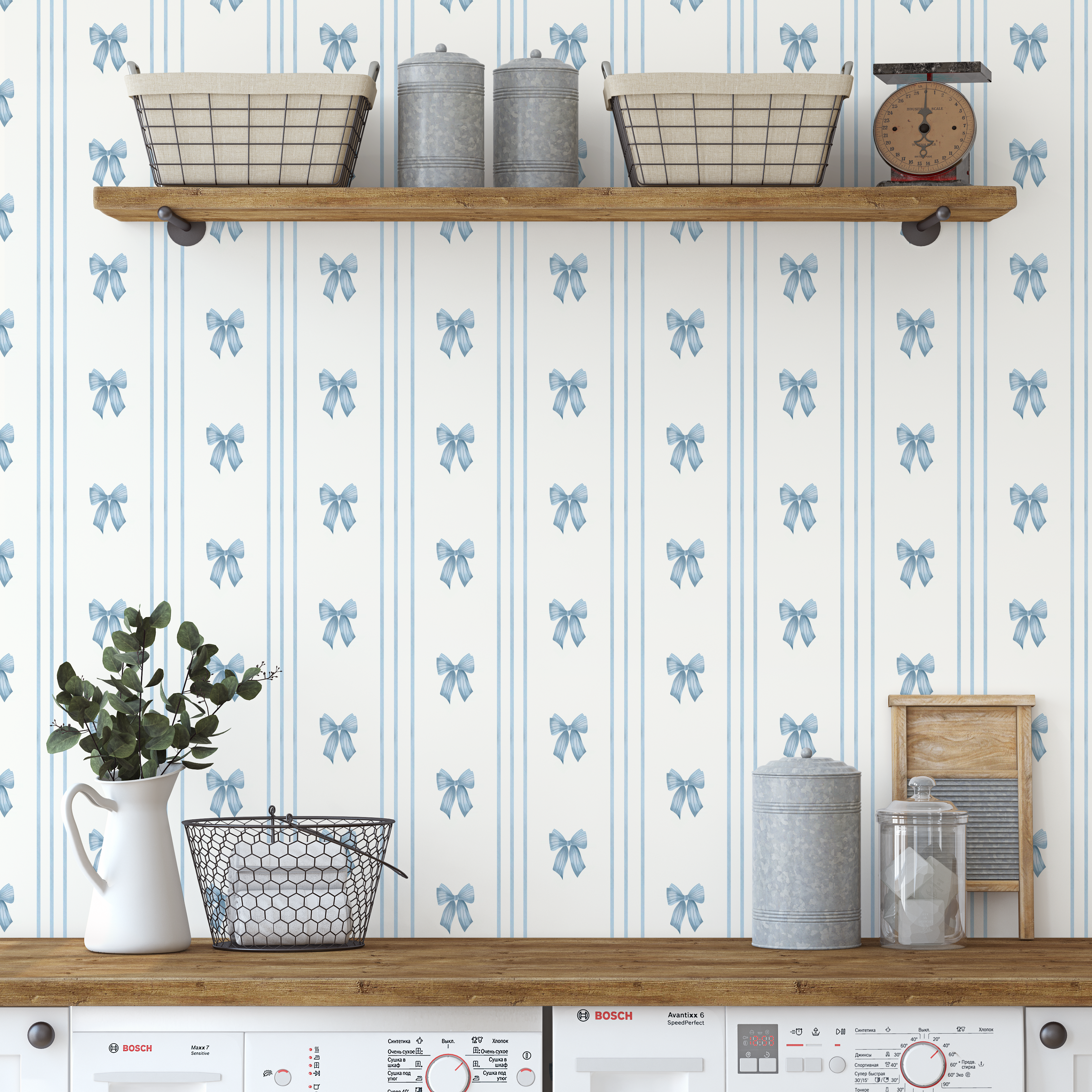 Blue bow stripe wallpaper styled in laundry room with wood shelves and baskets, classic preppy ribbon wall decor